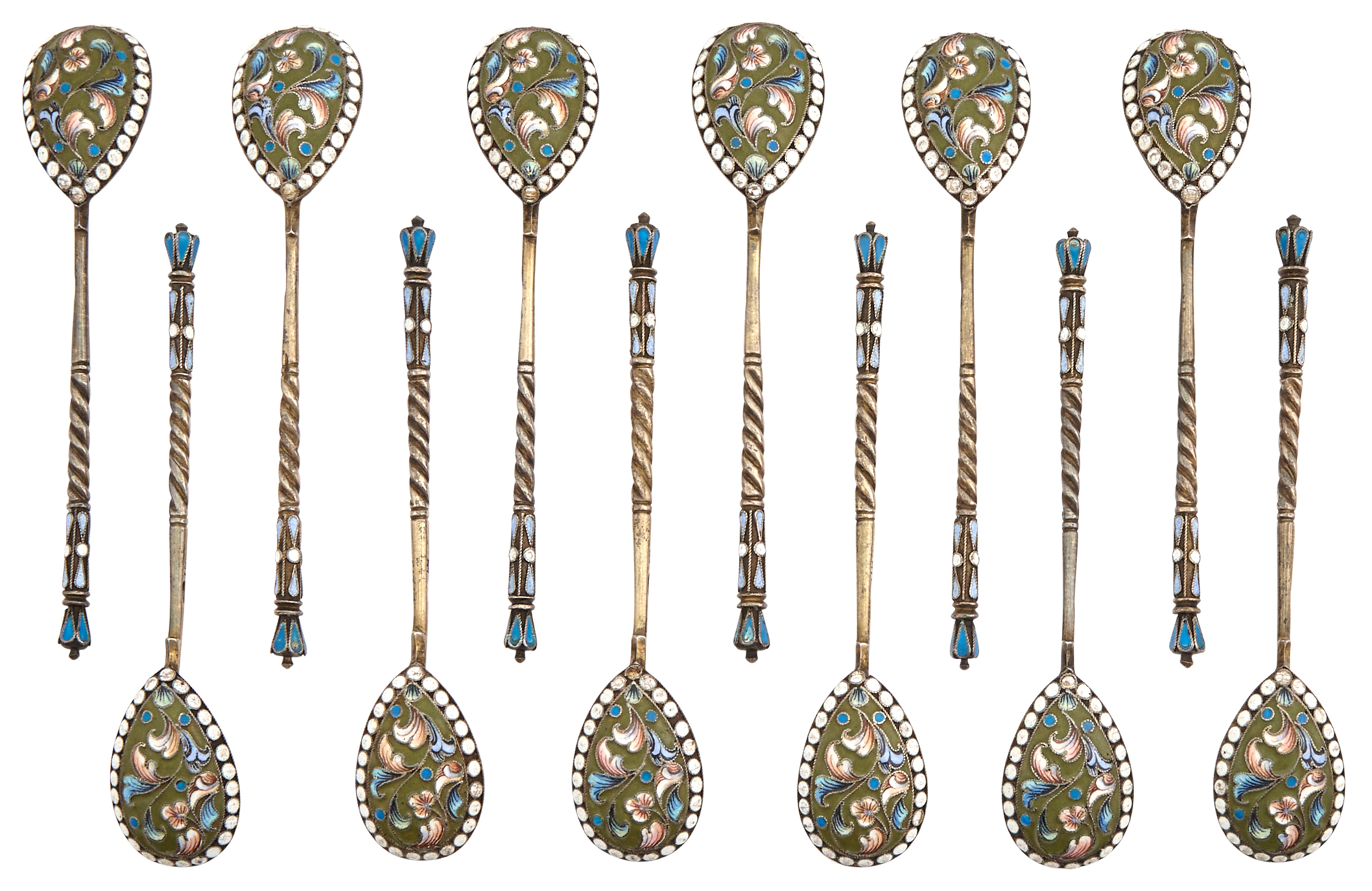 Lot image - Set of Twelve Russian Silver-Gilt and Cloisonné Enamel Teaspoons