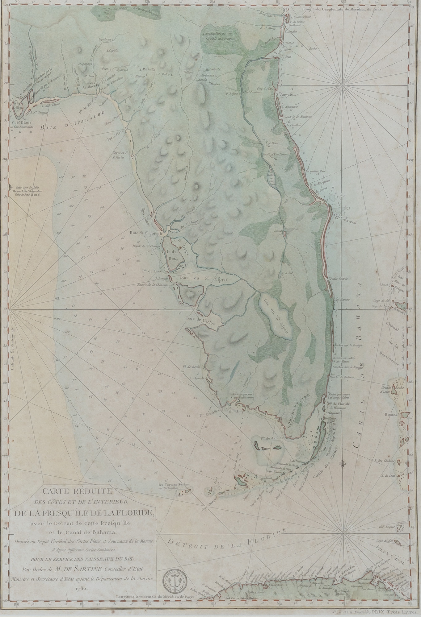 Lot image - [MAP-FLORIDA]  SARTINE, ANTOINE DE. Carte Reduite des Cotes et de lInterieur de la Presquile de la Floride, avec le Detroit de Cette Presquile et le Canal de Bahama