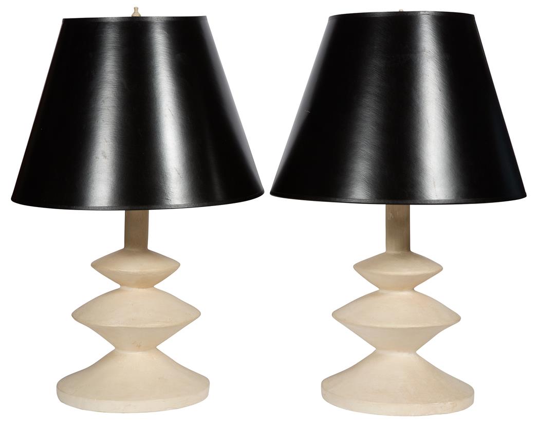 Lot image - Pair of Painted White Plaster Table Lamps After Giacometti and Jean-Michel Frank