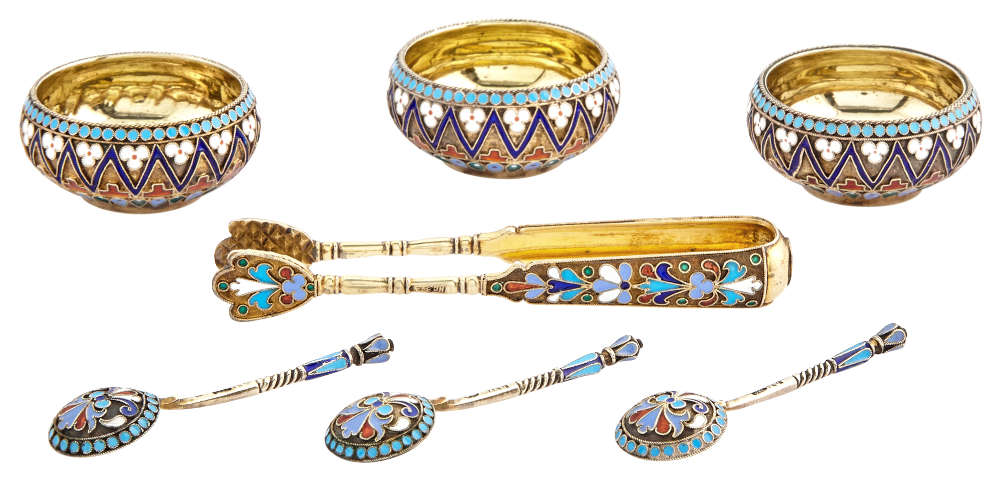 Lot image - Set of Three Russian Silver-Gilt and Cloisonné Enamel Salts