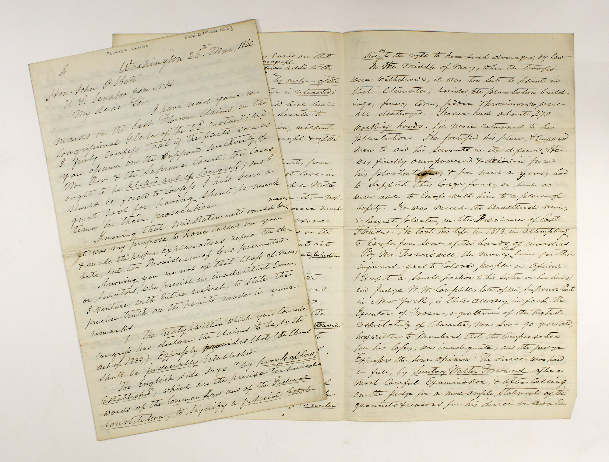 Lot image - [FLORIDA]  SHERMAN, CHARLES E. Long letter to Senator John P. Hale of New Hampshire on Florida land claims.
