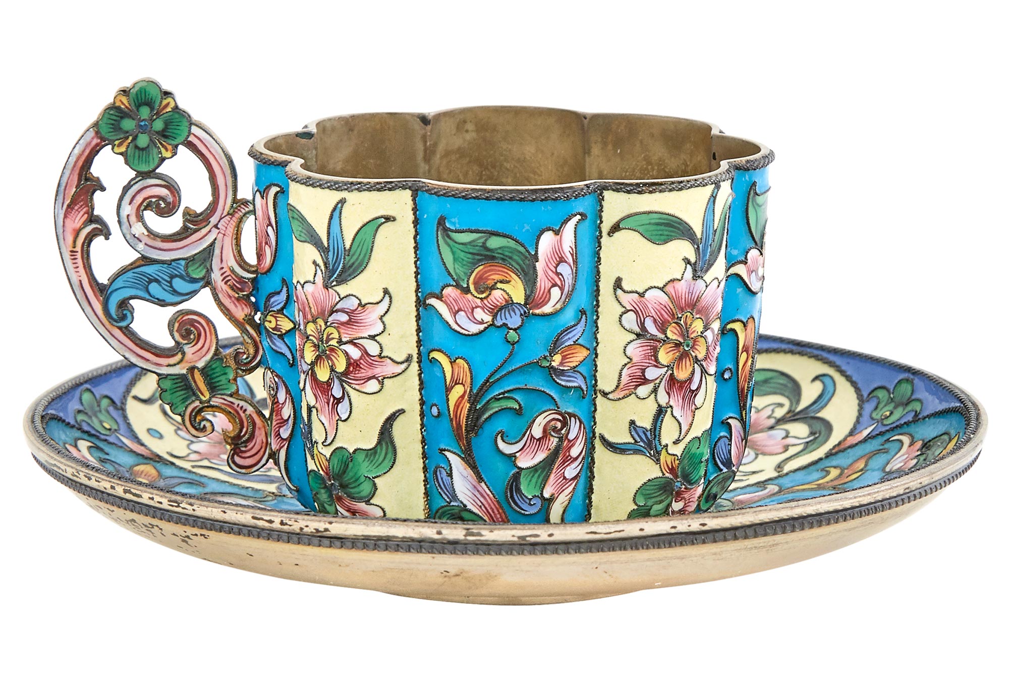 Lot image - Russian Silver-Gilt and Cloisonné Enamel Cup and Saucer