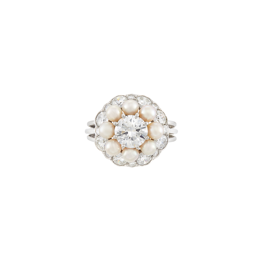 Lot image - Platinum, Diamond and Cultured Pearl Ring