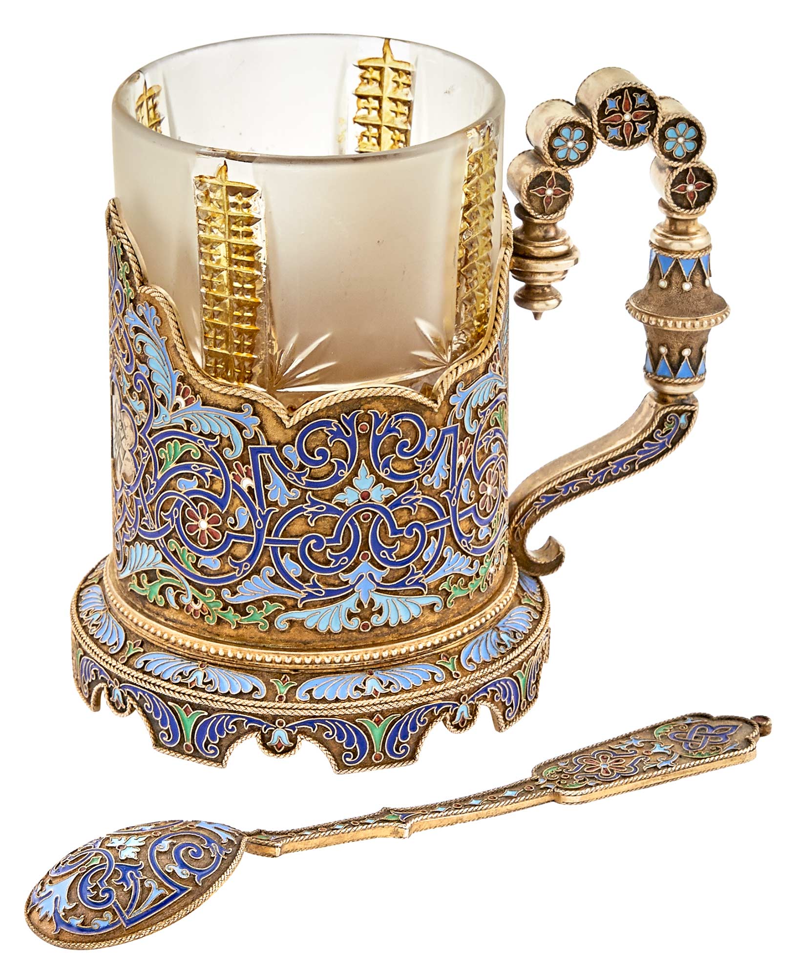 Lot image - Russian Silver-Gilt and Cloisonné Enamel Tea Glass Holder and Spoon