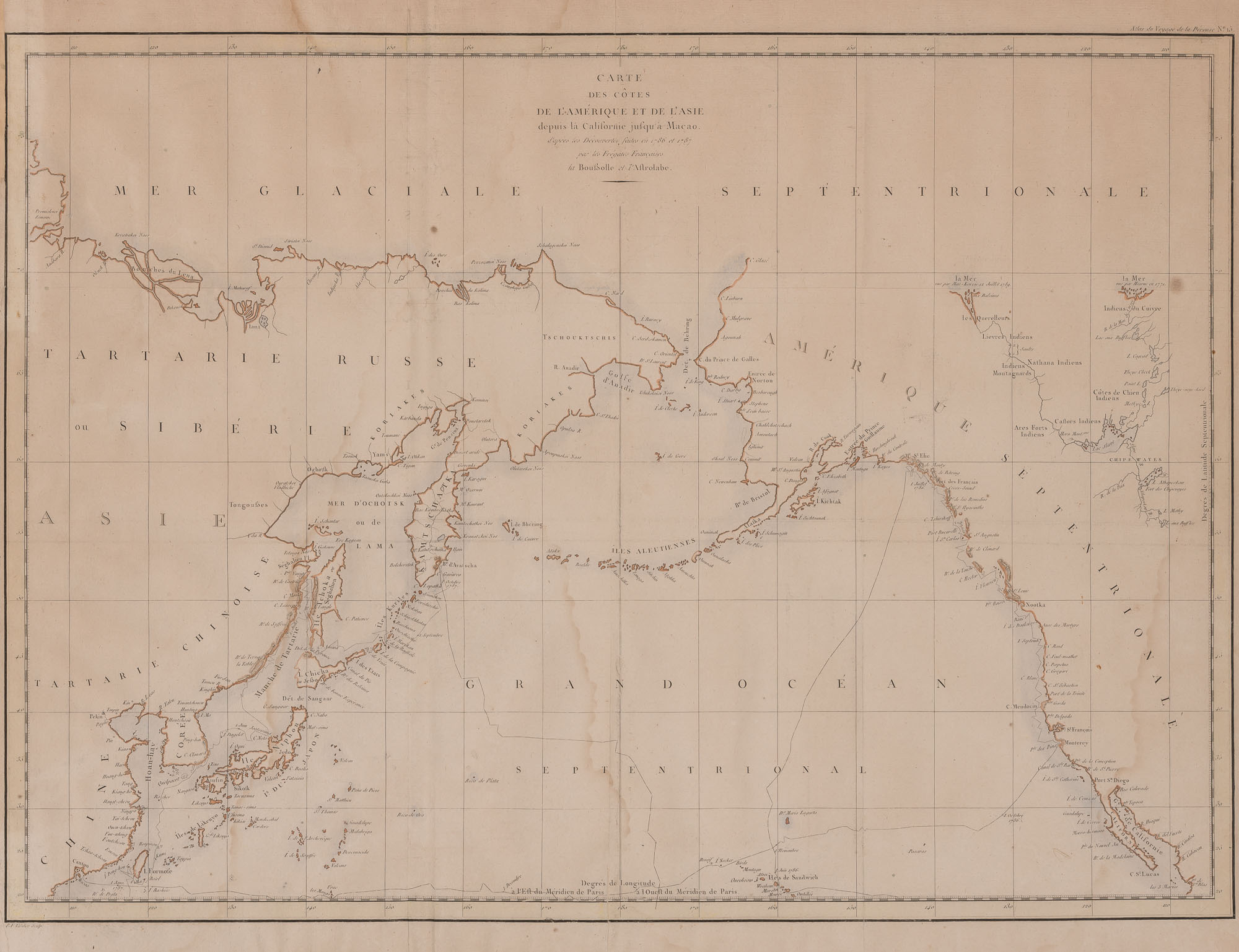 Lot image - [COMTE LA PEROUSE, JEAN FRANCOIS GALOUP]  Carte des Cotes de lAmerique et de lAsie Depuis la Californie Jusqua Macao... 1787.