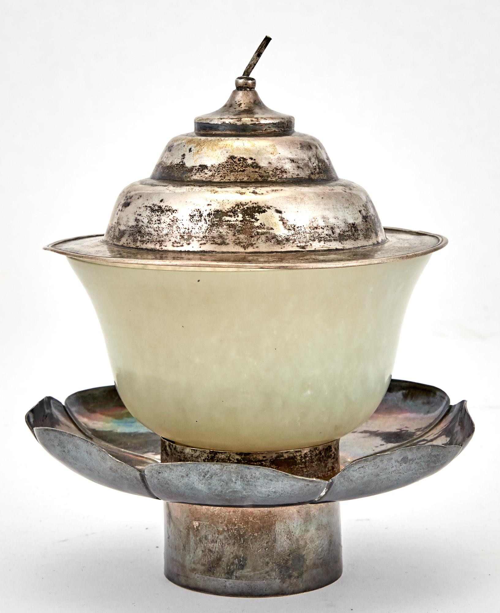 Lot image - Chinese Serpentine Bowl with Silver Lotus Dish and Cover