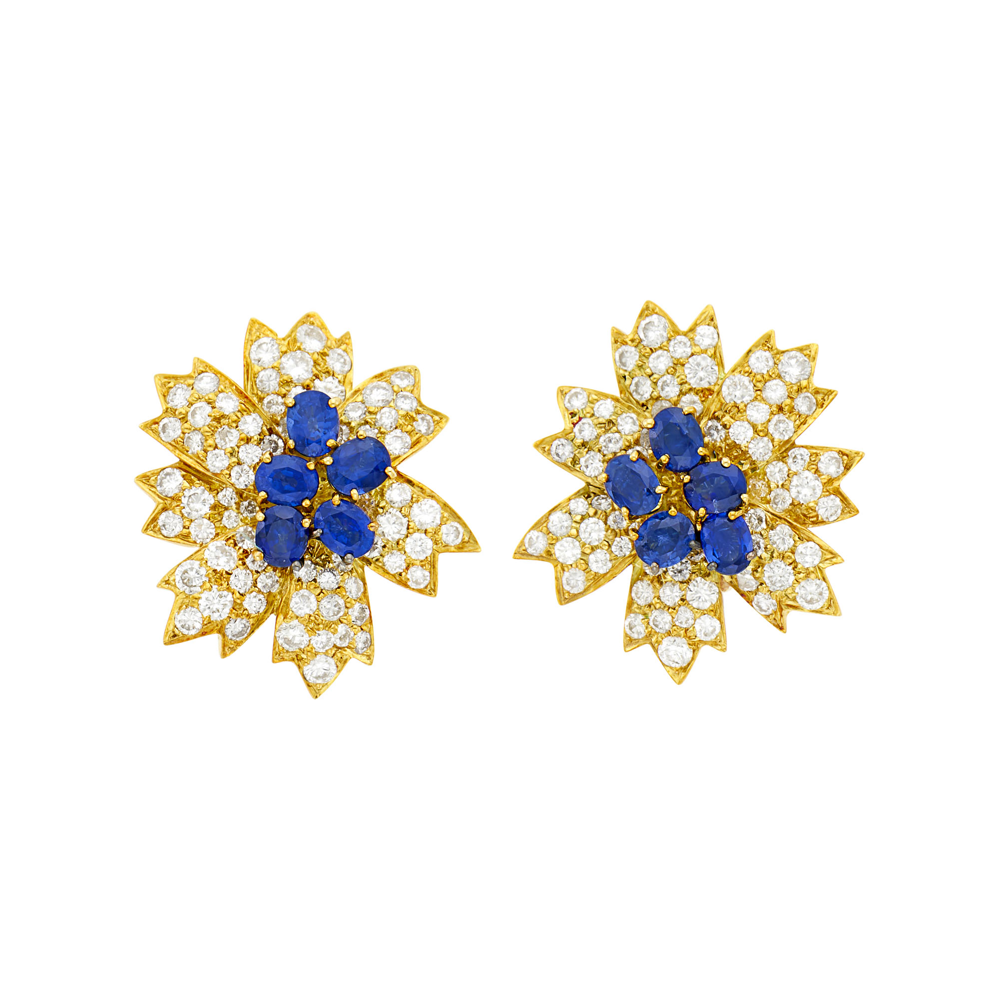 Lot image - Pair of Gold, Sapphire and Diamond Flower Earrings