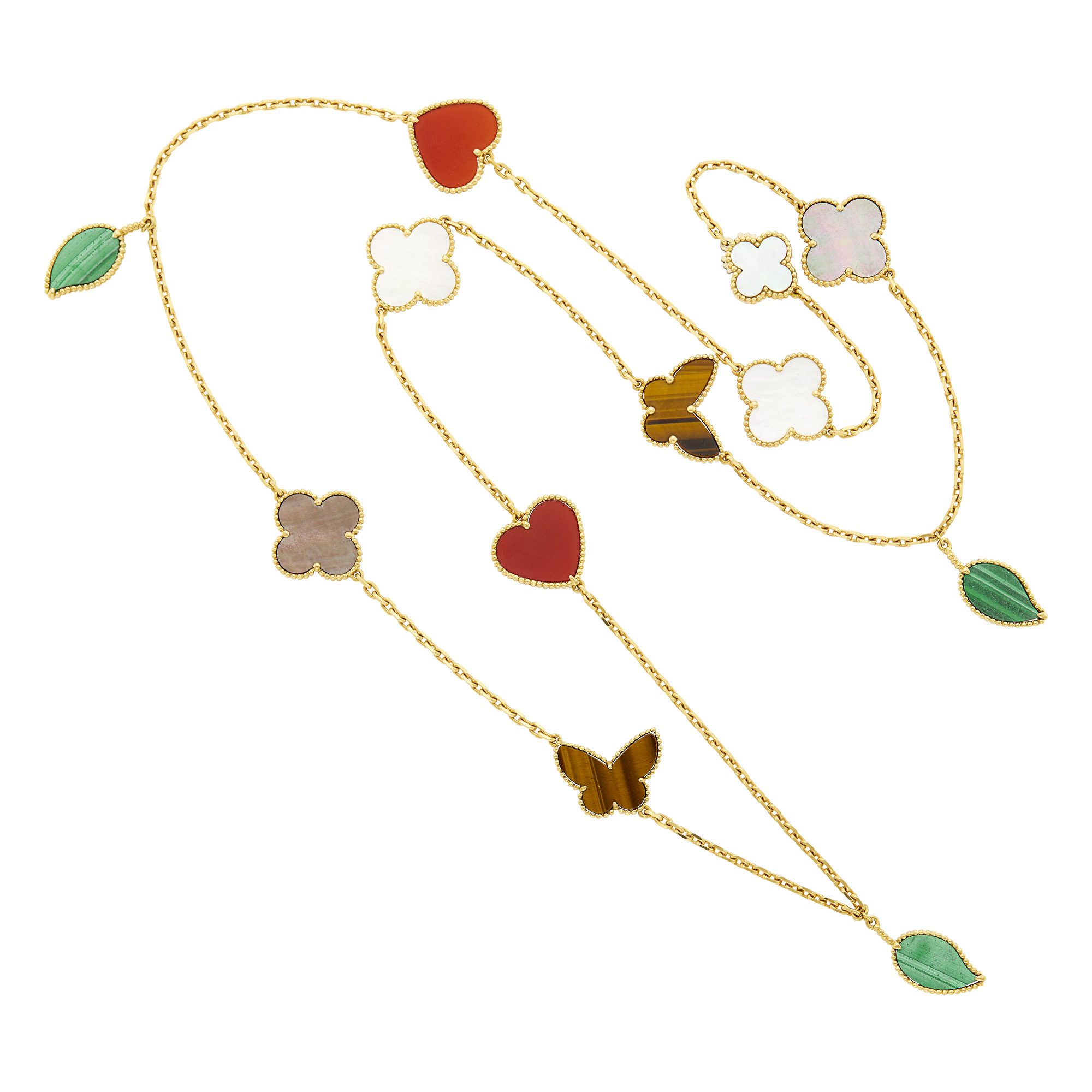 Lot image - Van Cleef & Arpels Long Gold, Mother-of-Pearl and Hardstone Lucky Alhambra Chain Necklace, France