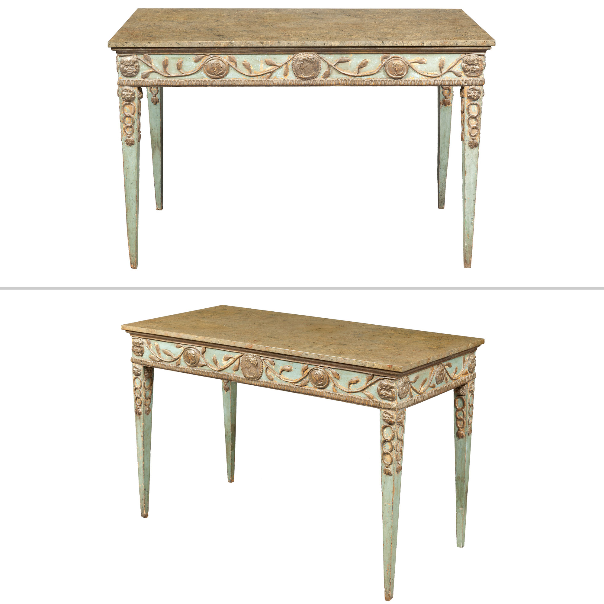 Lot image - Pair of Italian Neoclassical Painted and Parcel-Gilt Tables