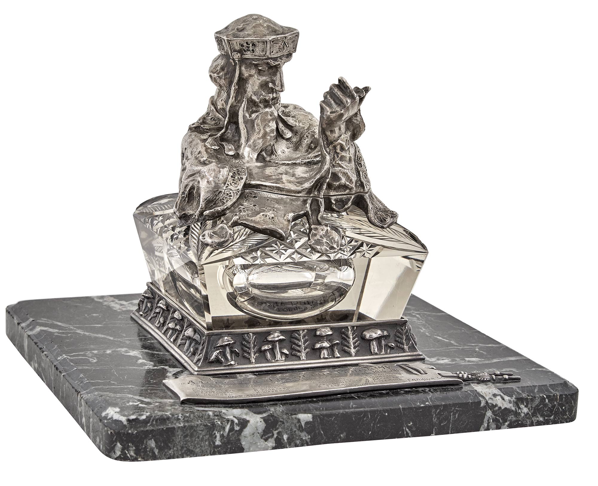 Lot image - Russian Silver, Glass and Marble Presentation Inkwell