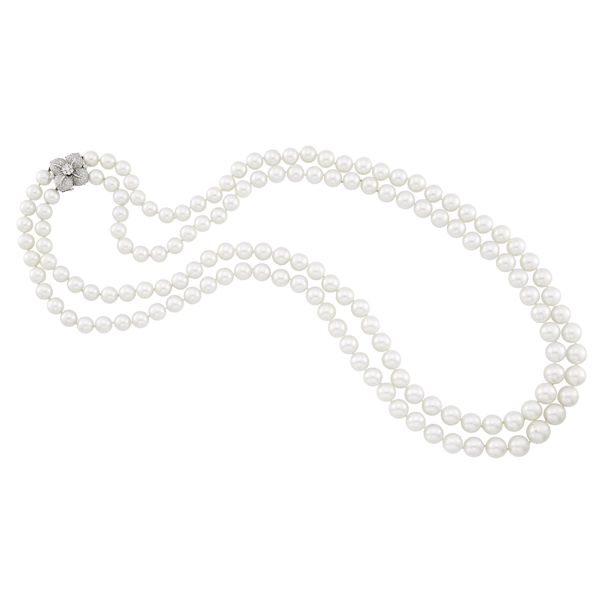 Lot image - Long Double Strand South Sea Cultured Pearl Necklace with White Gold and Diamond Clasp/Brooch
