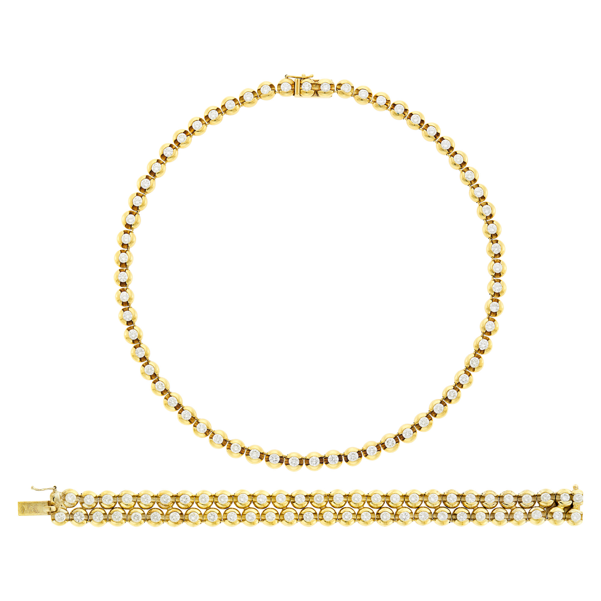 Lot image - Gold and Diamond Necklace and Double Strand Bracelet