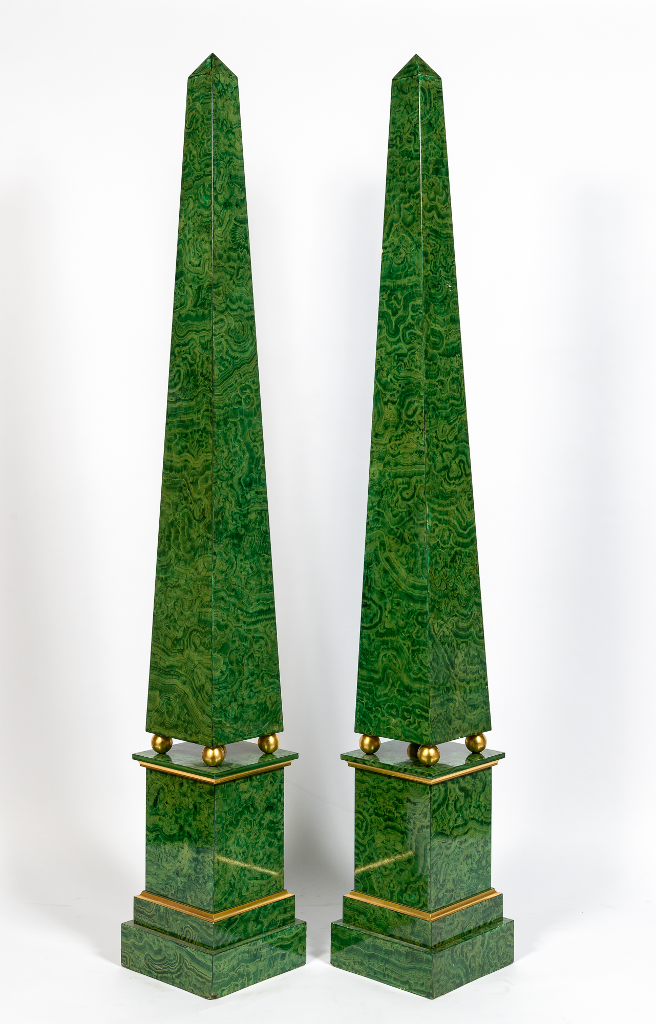 Lot image - Pair of Faux Malachite Painted Wood Obelisks on Stands