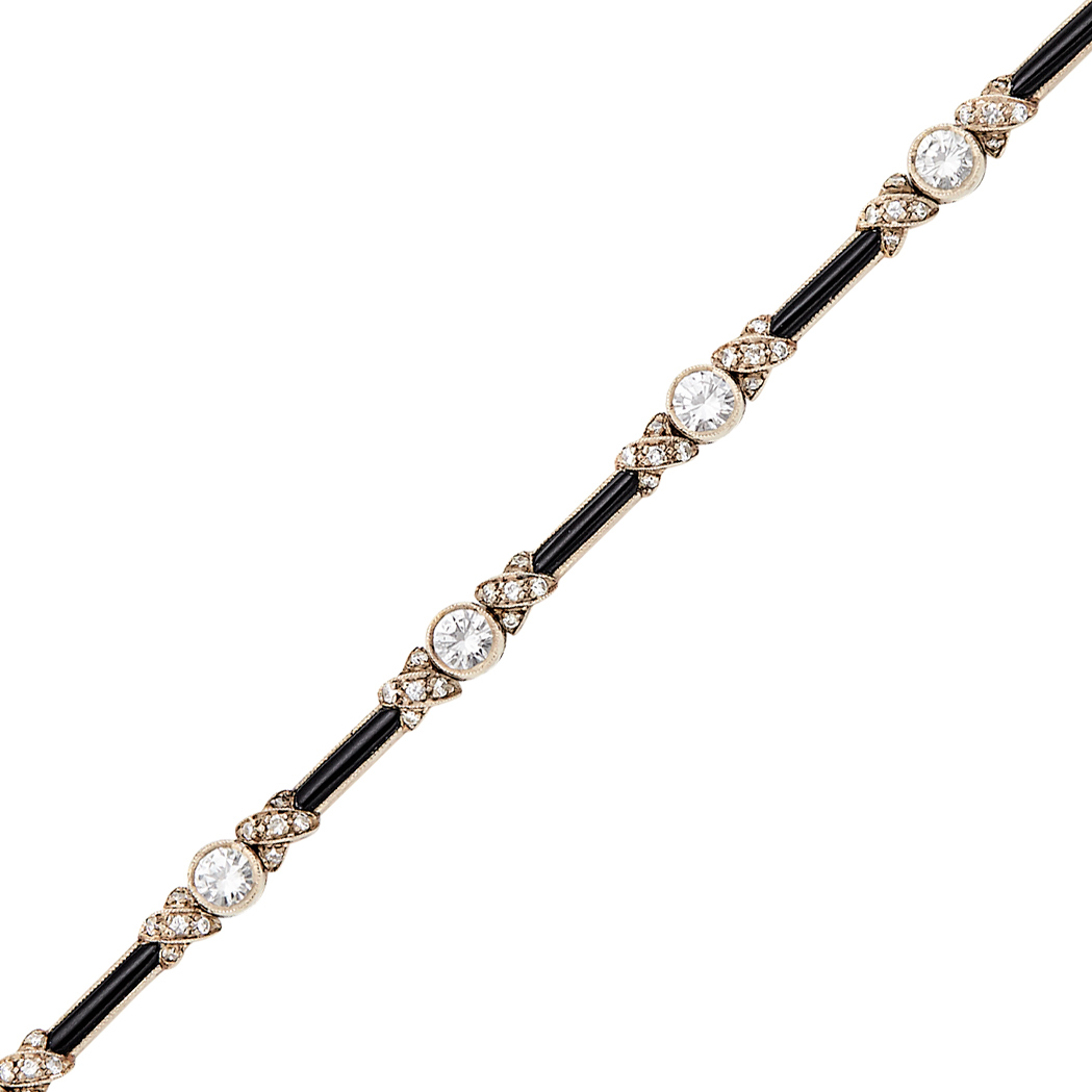 Lot image - Platinum-Topped Gold, Black Onyx and Diamond Bracelet