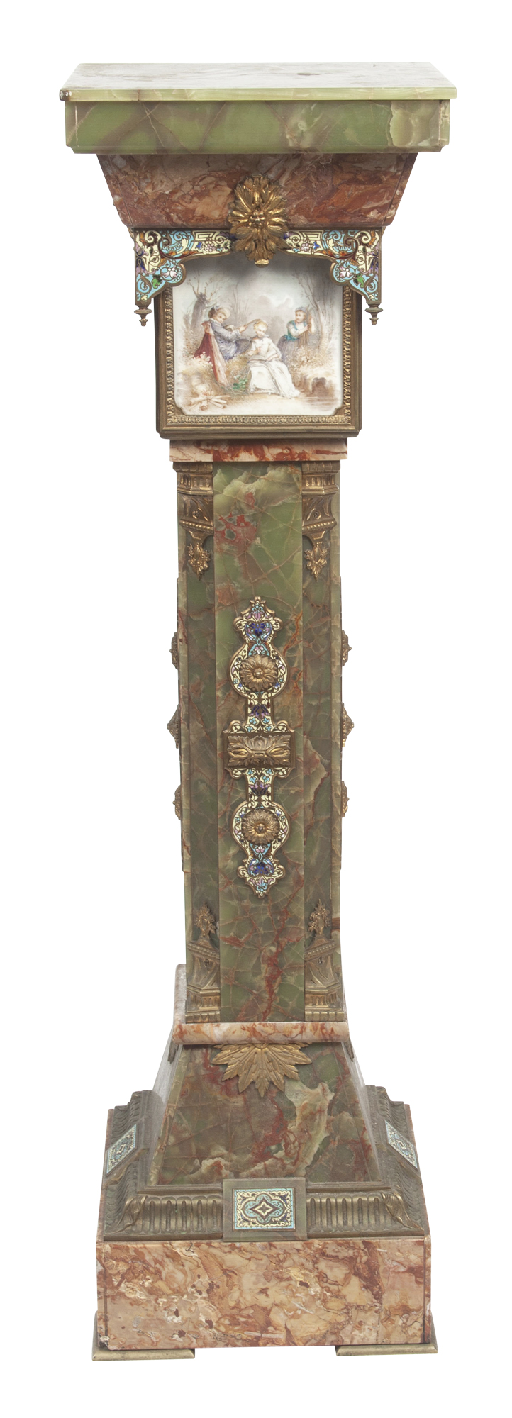 Lot image - French Champlevé Enameled Metal and Porcelain Mounted Green Onyx Pedestal