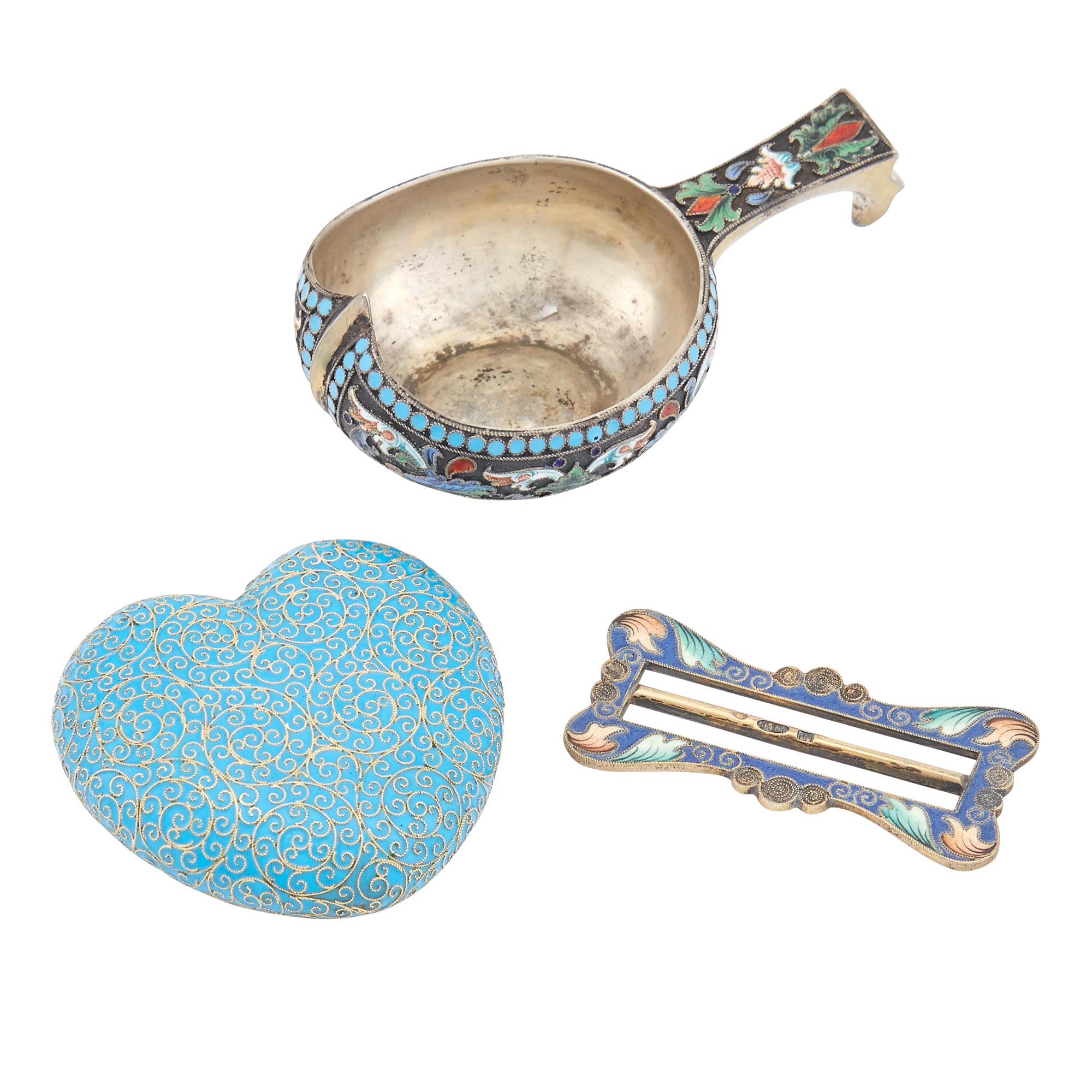 Lot image - Group of Three Russian Silver and Cloisonné Enamel Articles