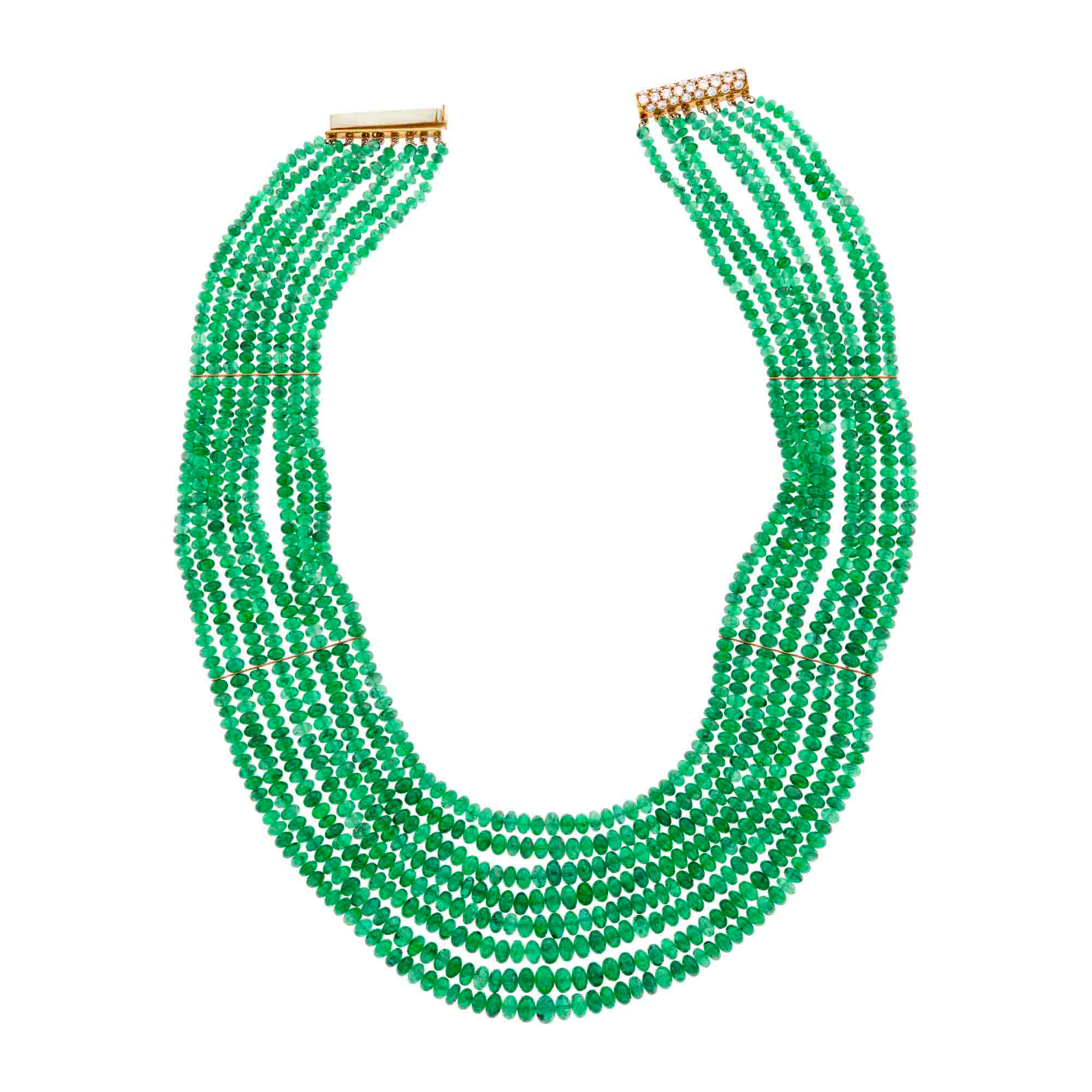 Lot image - Cellino Eight Strand Emerald Bead, Gold and Diamond Necklace