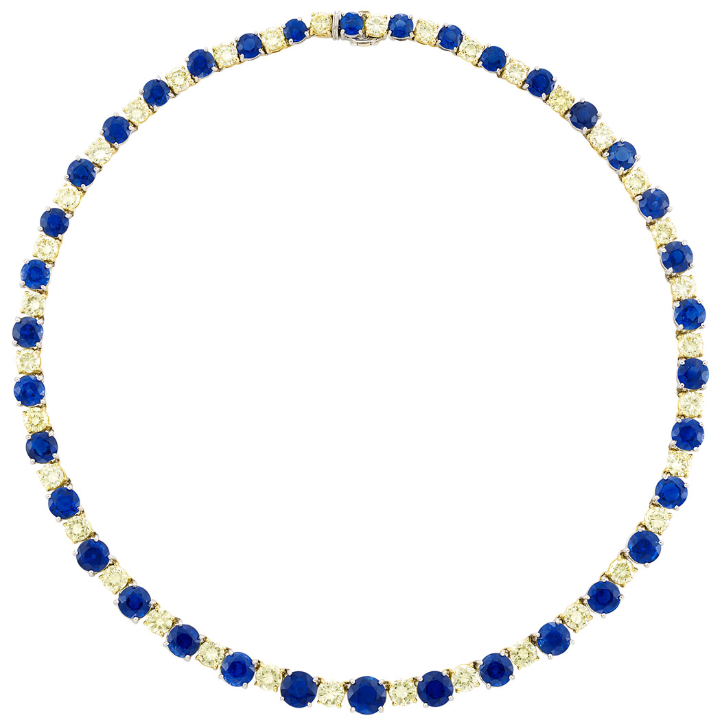 Lot image - Platinum, Gold, Sapphire and Light Yellow Diamond Necklace