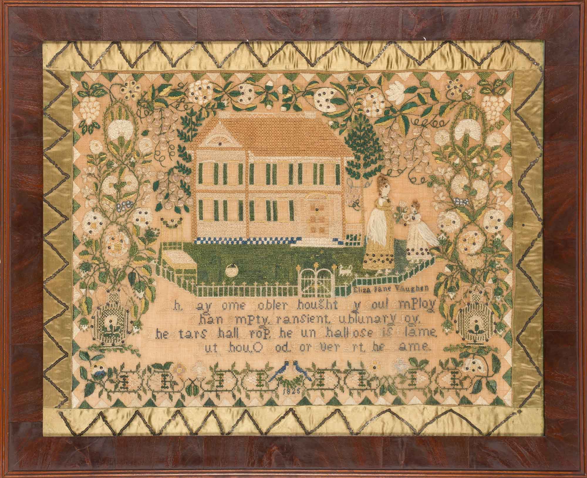 Lot image - Silk, Wool, and Spangles-on-Linen Needlework and Sequin Sampler