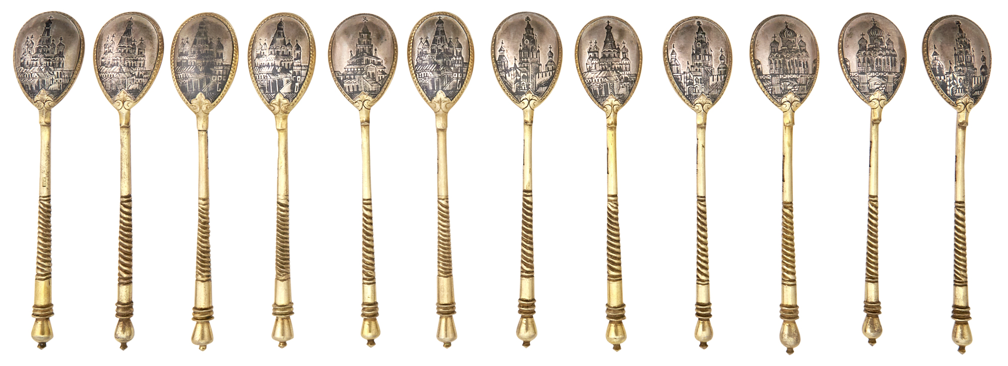 Lot image - Set of Twelve Russian Silver-Gilt and Niello Teaspoons