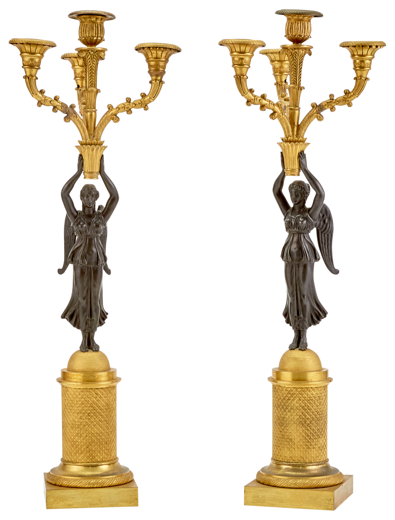 Lot image - Pair of Gilt and Patinated Bronze Figural Four-Light Candelabra