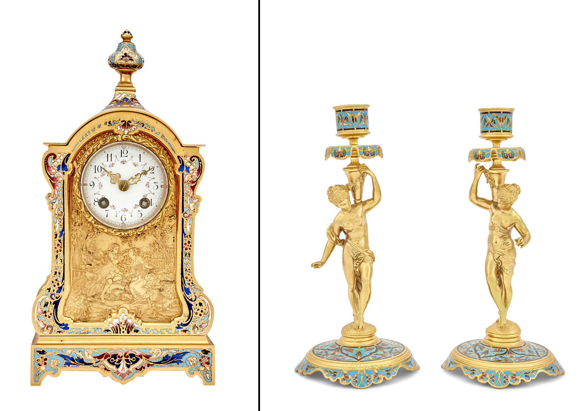 Lot image - Rococo Style Champlevé Enameled Gilt Metal Mantel Clock