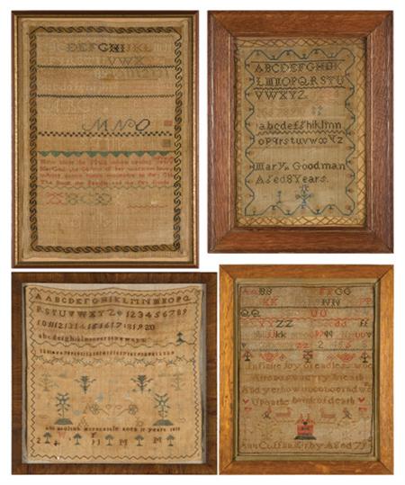 Lot image - Two English Needlework Samplers; Together with an American Needlework Sampler and Another Needlework Sampler