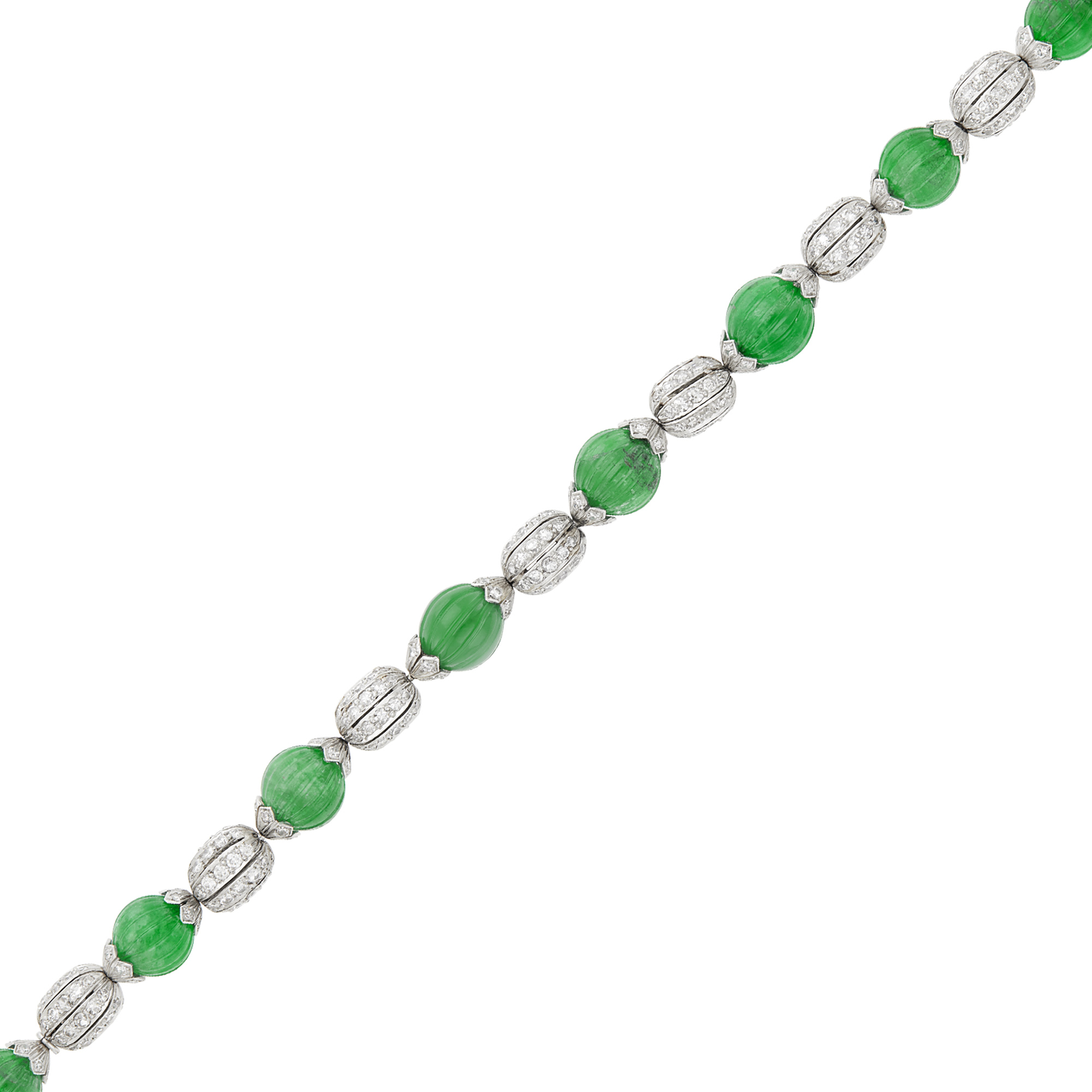 Lot image - Platinum, Fluted Emerald and Green Chalcedony Bead and Diamond Bracelet