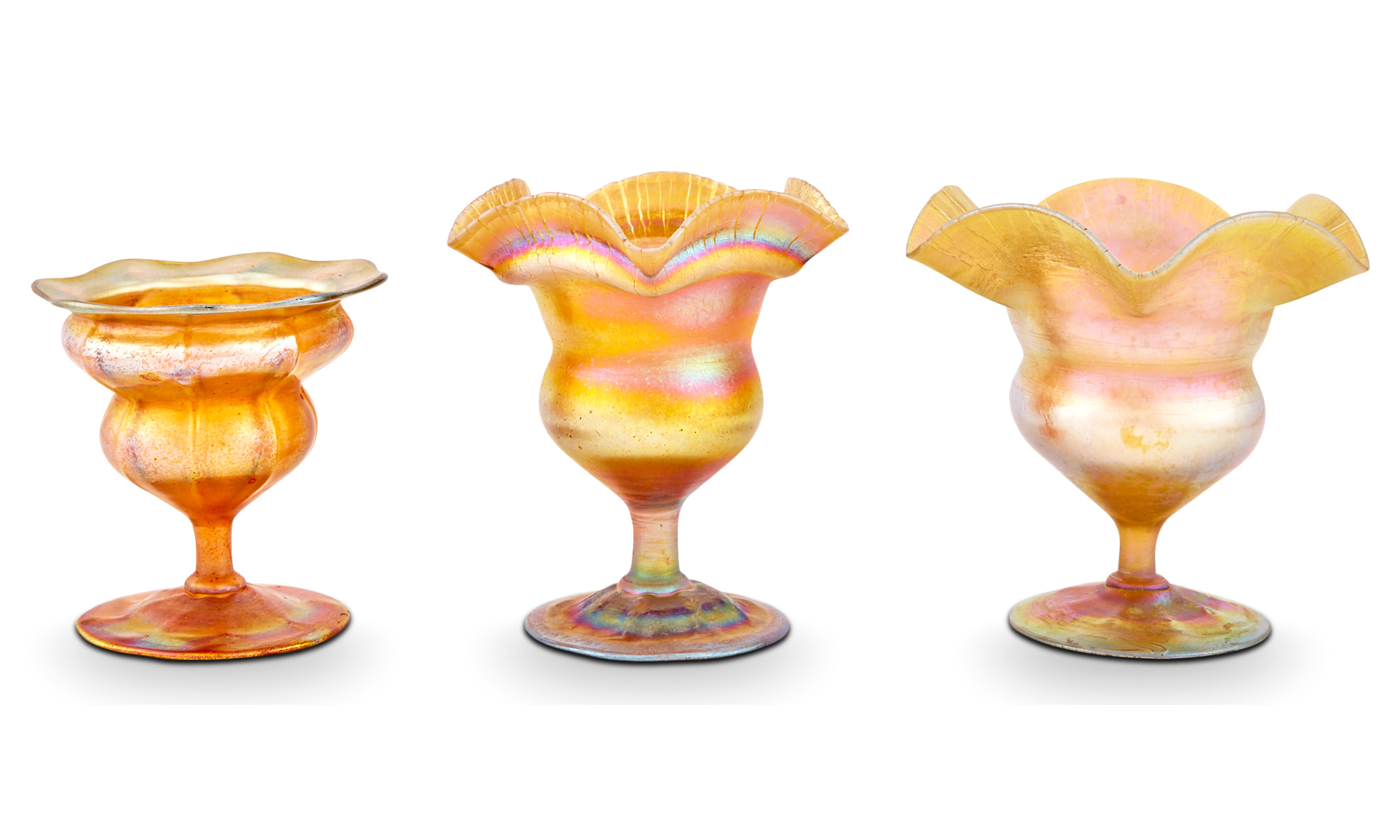 Lot image - Three Tiffany Gold Favrile Glass Vases