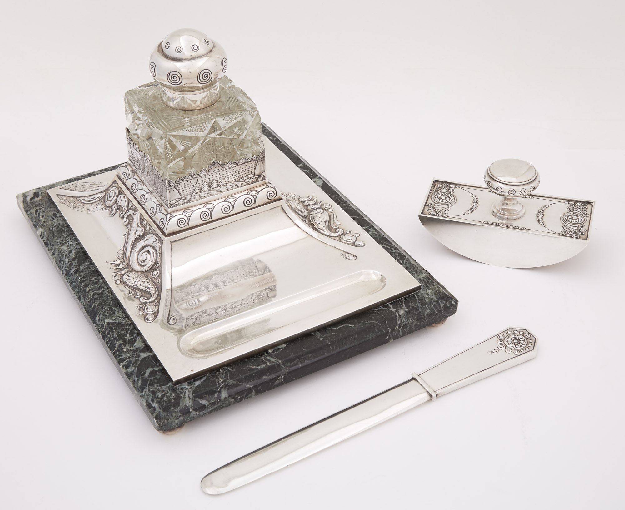 Lot image - Russian Silver, Glass and Marble Desk Set