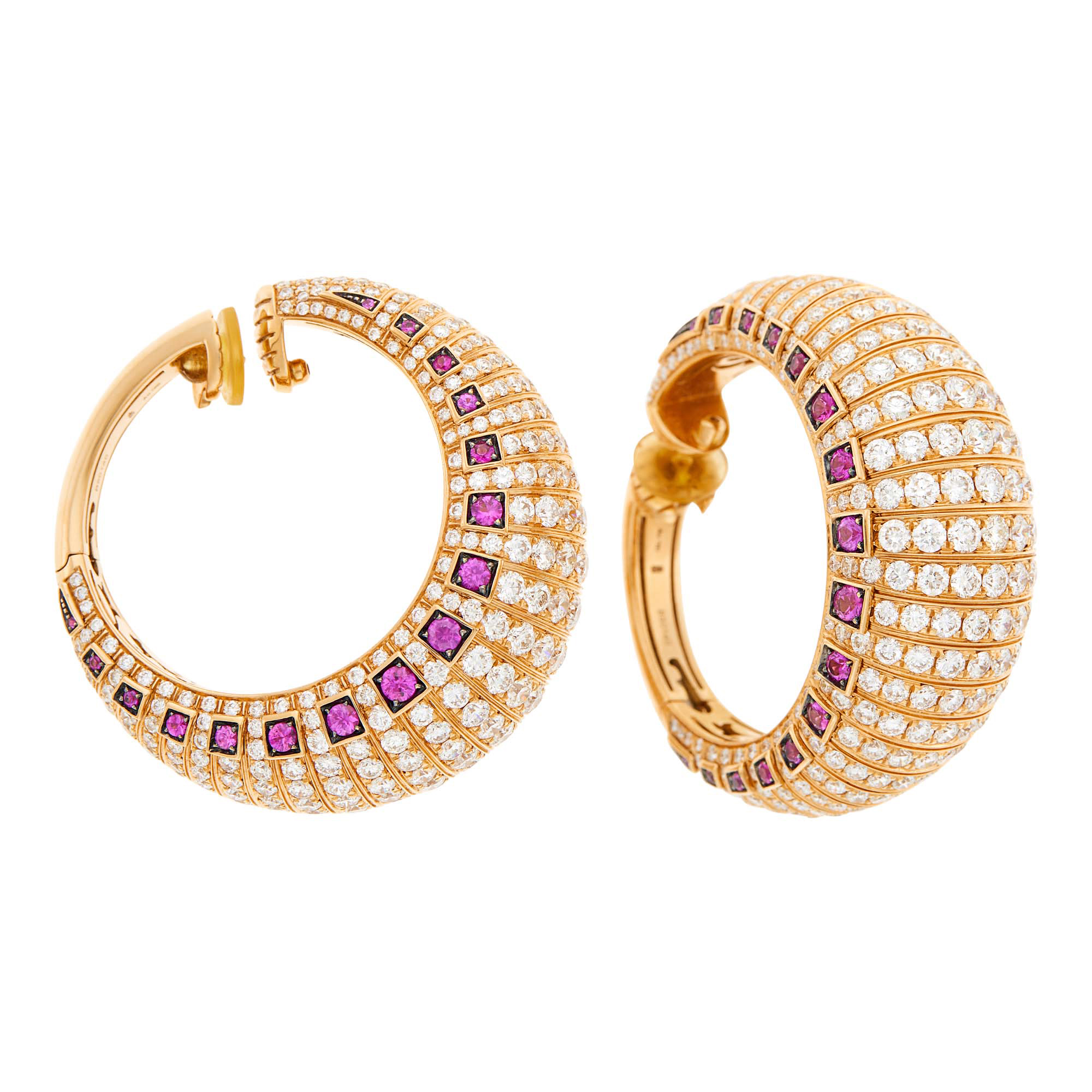 Lot image - de Grisogono Pair of Rose Gold, Diamond and Ruby Hoop Earclips
