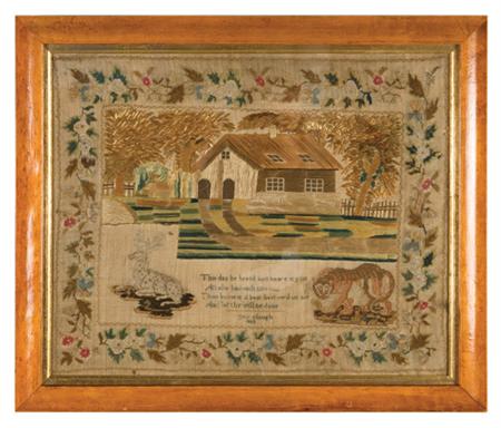 Lot image - English Pictorial Needlework Sampler