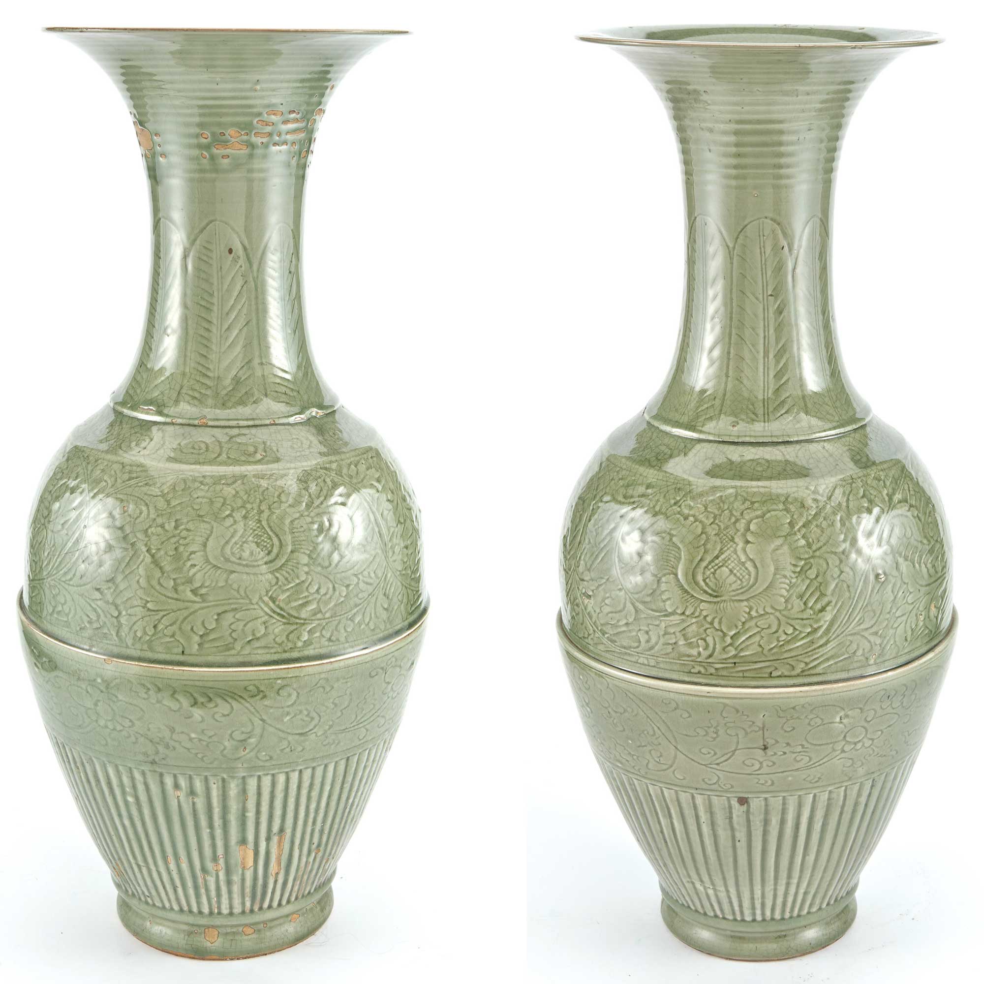 Lot image - Two Similar Chinese Celadon Ground Porcelain Vases