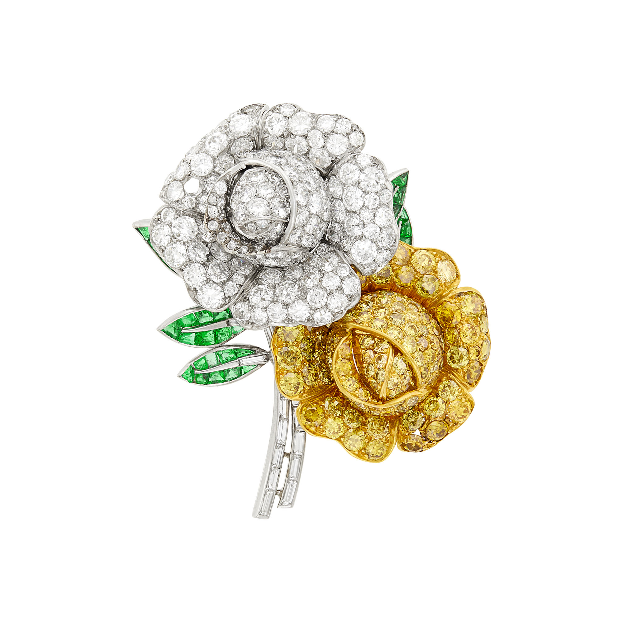 Lot image - Platinum, Diamond, Colored Diamond and Emerald Flower Clip-Brooch