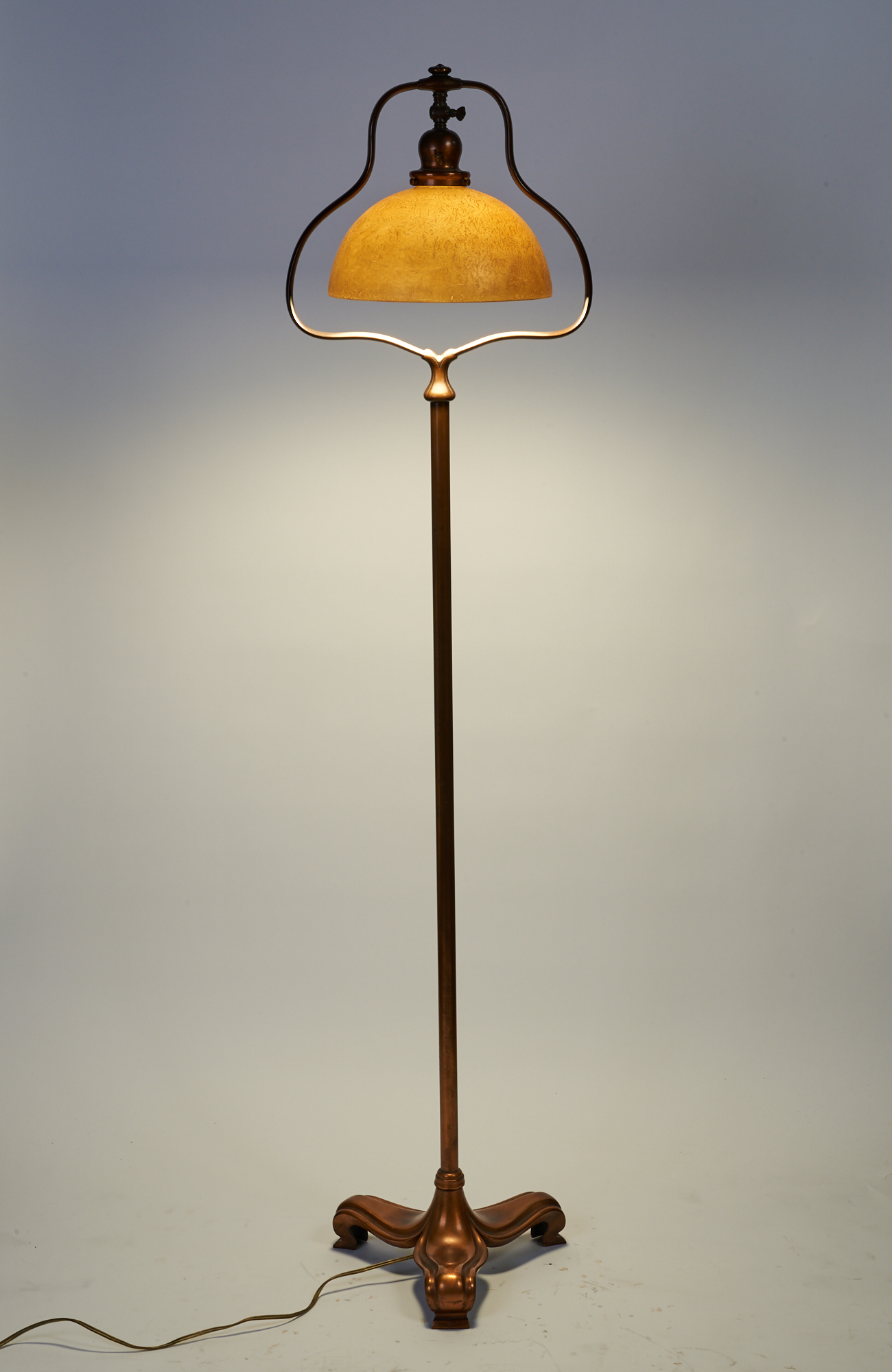 Lot image - Handel Arts & Crafts Metal and Painted Glass Harp Floor Lamp