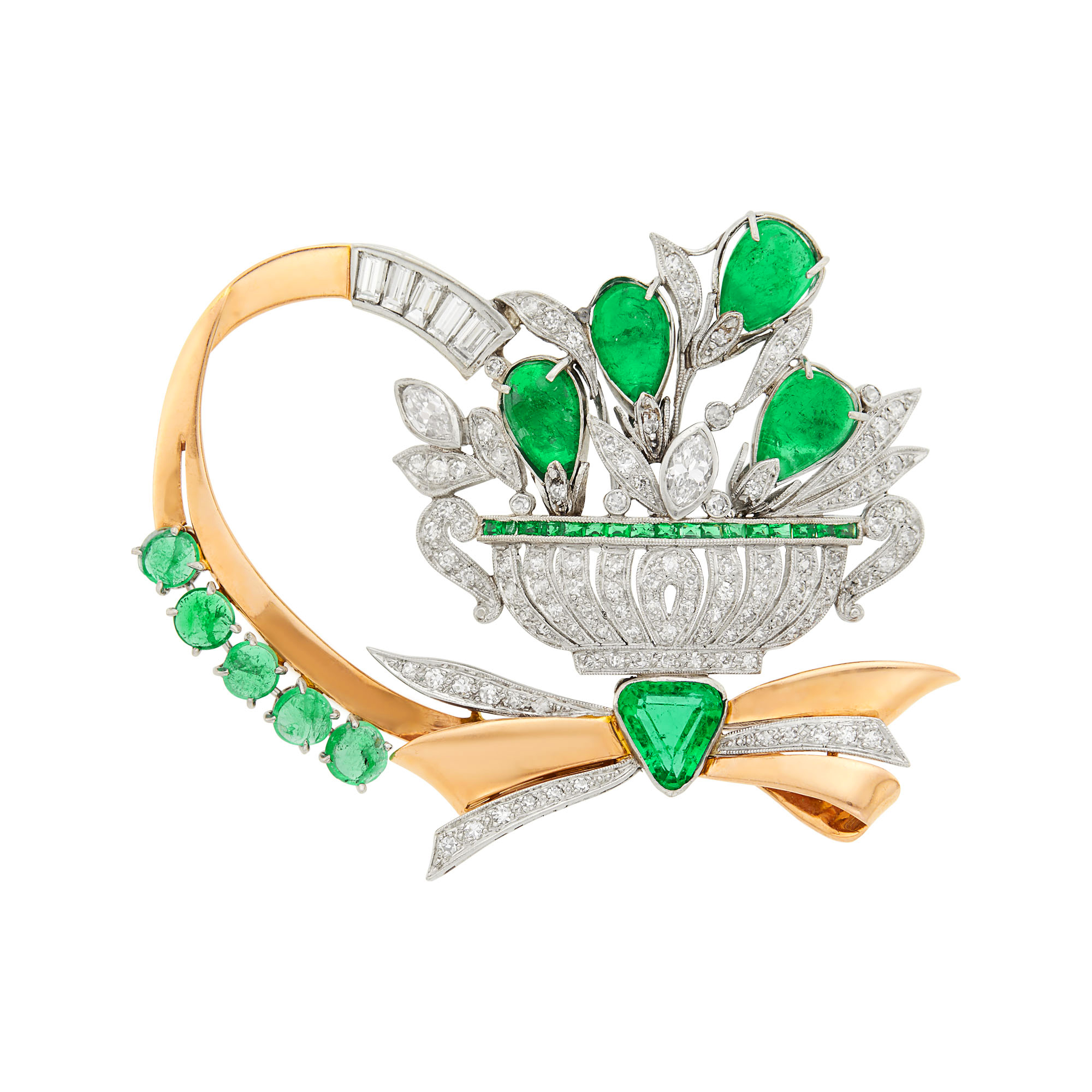 Lot image - Platinum, Rose Gold, Emerald and Diamond Brooch