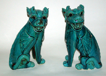 Lot image - Pair of Chinese Turquoise Glazed Porcelain Fu Dogs