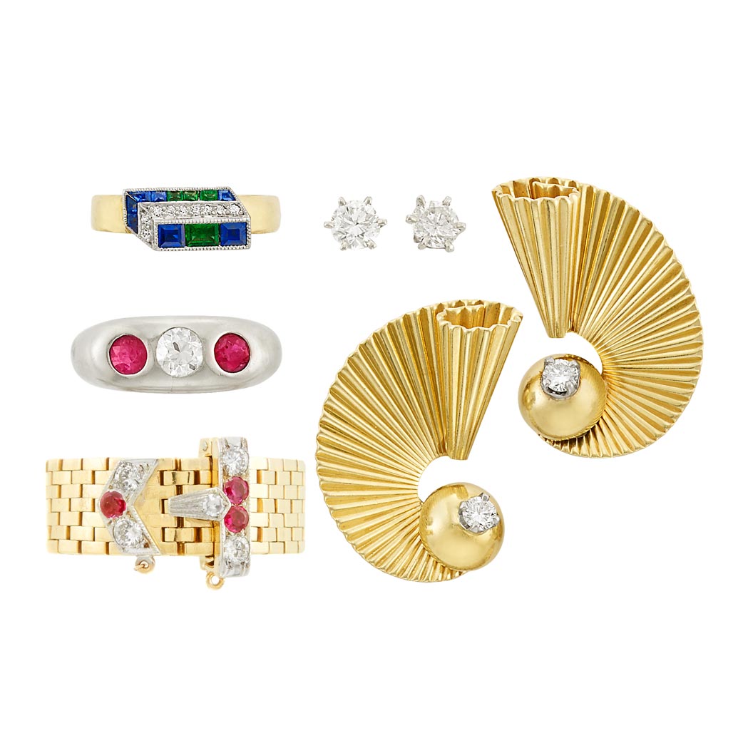 Lot image - Group of Retro Gold, Diamond and Gem-Set Jewelry, Pair of Diamond Stud Earrings and Diamond and Ruby Gypsy Ring