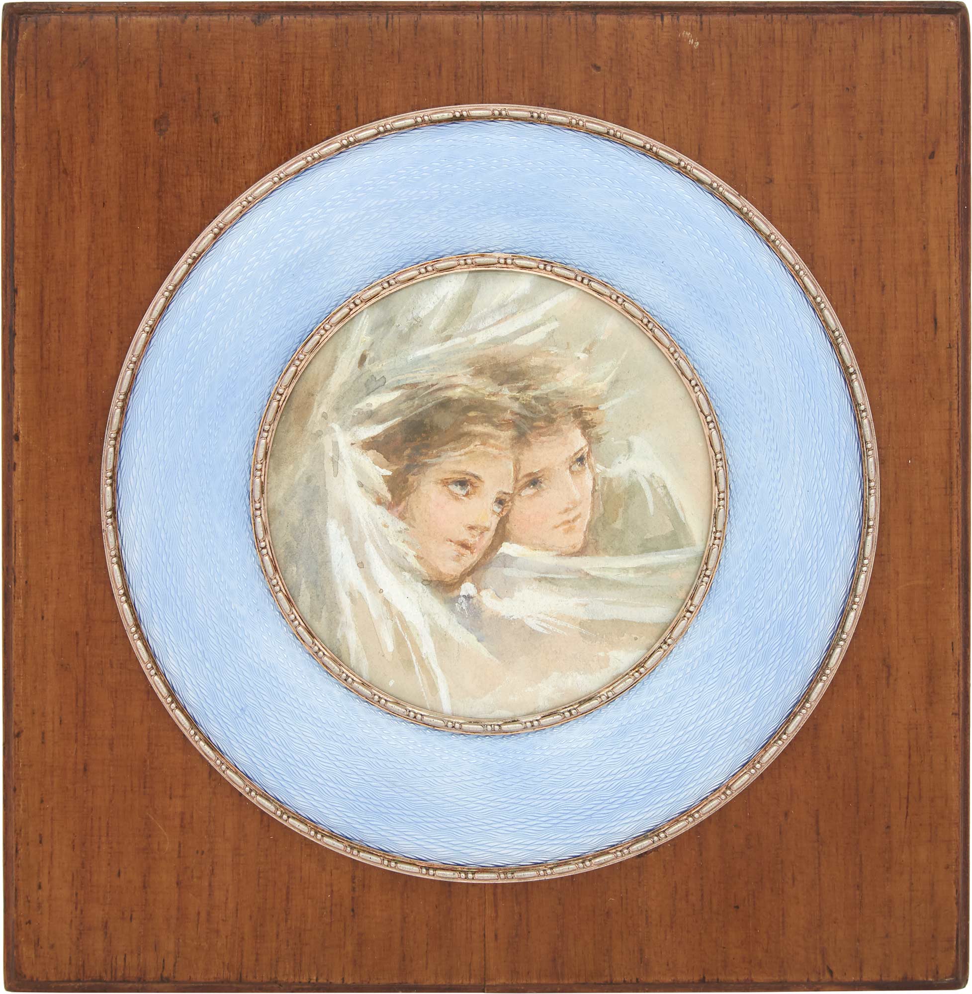 Lot image - Russian Silver-Mounted Guilloché Enamel and Wood Photograph Frame