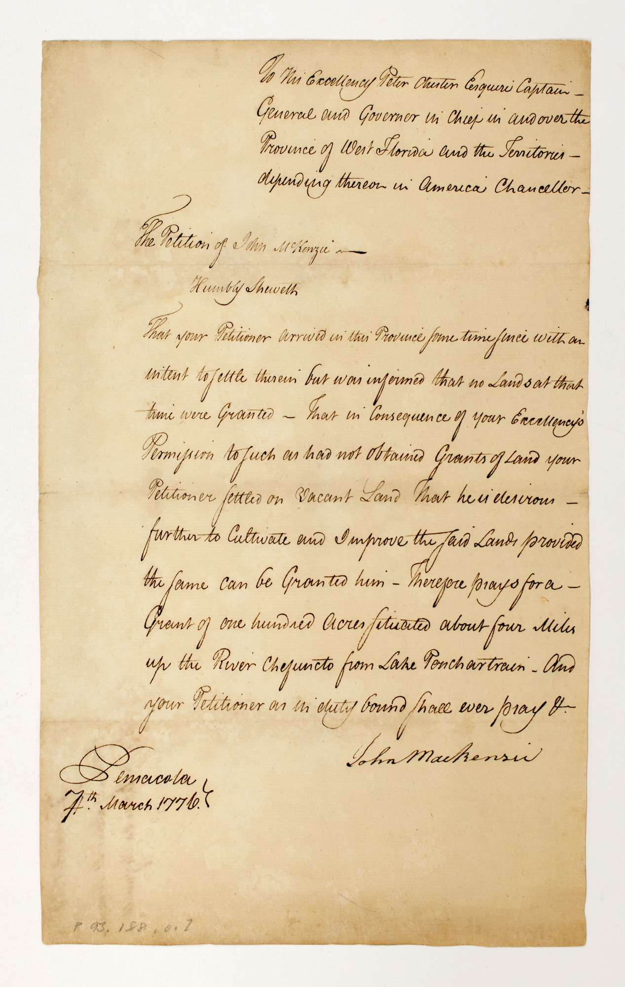 Lot image - [WEST FLORIDA]  MACKENZIE, JOHN. Petition signed to Governor Peter Chester requesting a land grant.