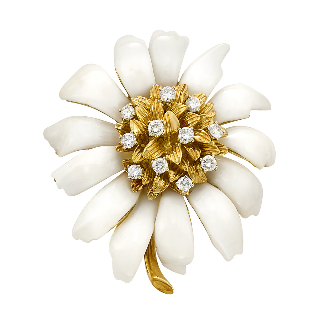 Lot image - Gold, Carved White Agate and Diamond Flower Clip-Brooch