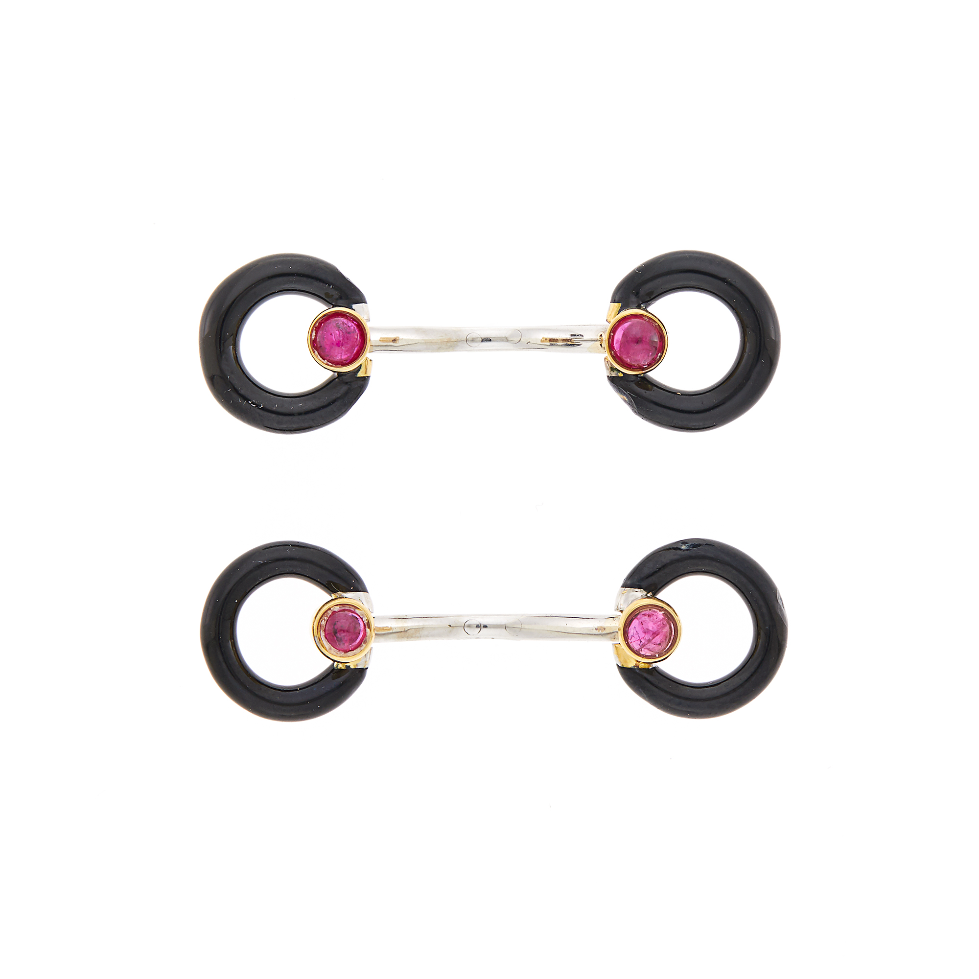 Lot image - Tiffany & Co. Pair of White Gold, Black Enamel and Cabochon Ruby Cufflinks
