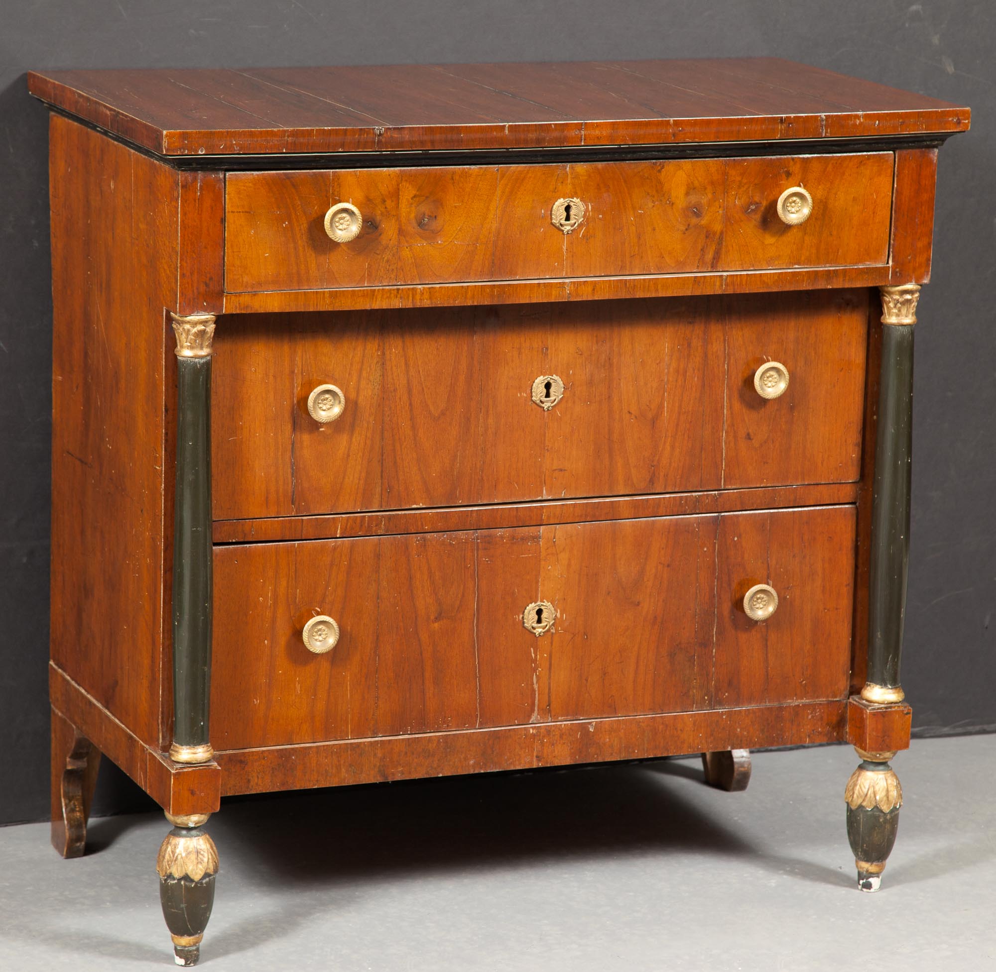 Lot image - Assembled Pair of Continental Walnut, Painted and Parcel-Gilt Small Commodes