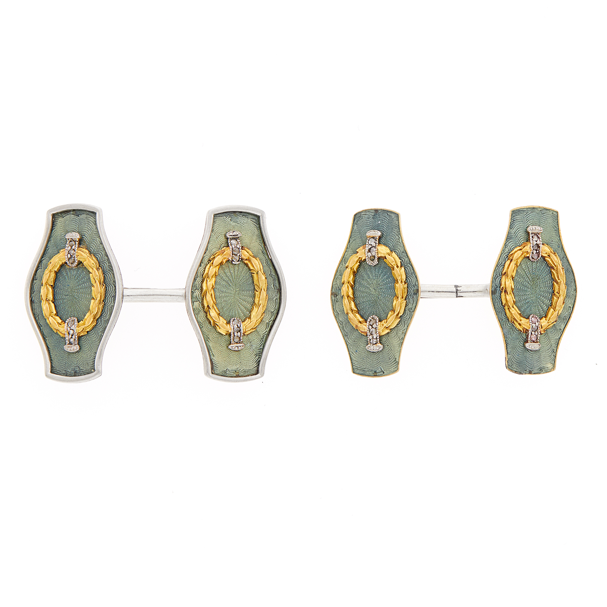 Lot image - Pair of Edwardian Gold, Platinum, Green Guilloché Enamel and Diamond Cufflinks