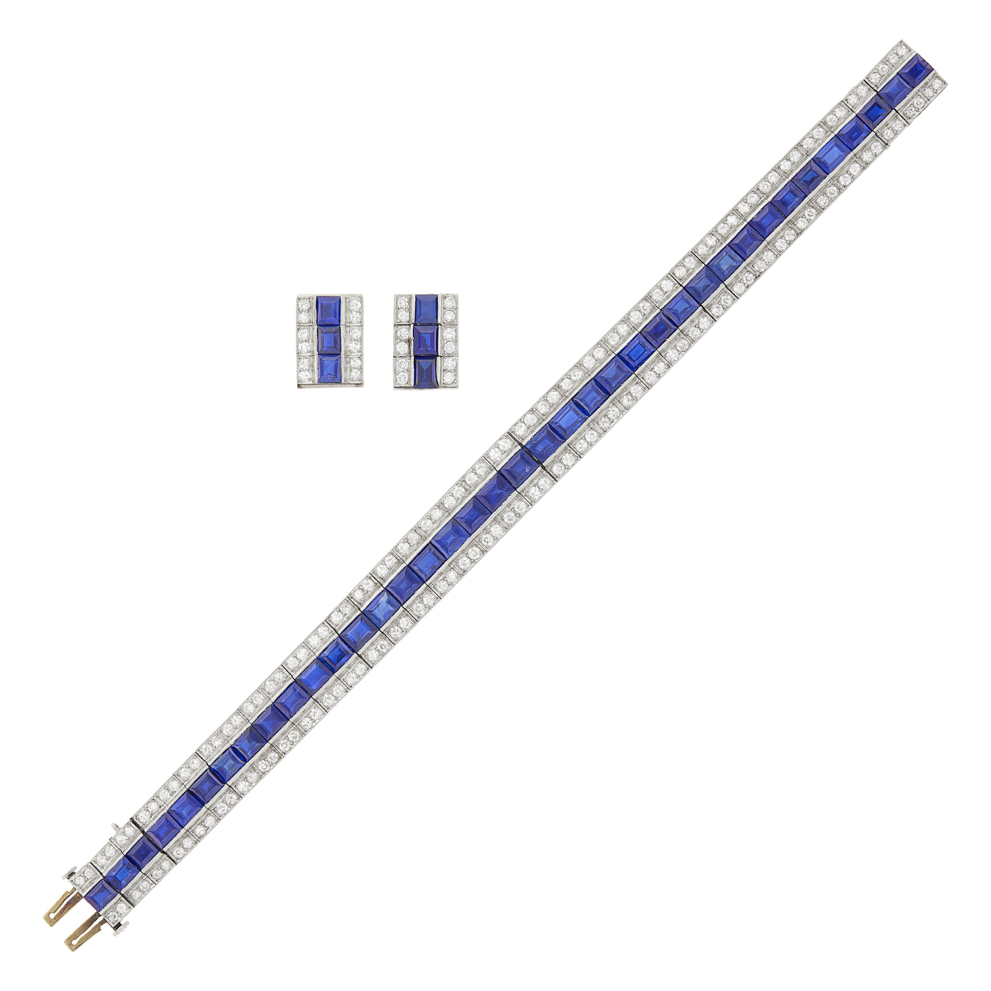 Lot image - Bailey Banks & Biddle Platinum, Sapphire and Diamond Straightline Bracelet and Pair of Earrings