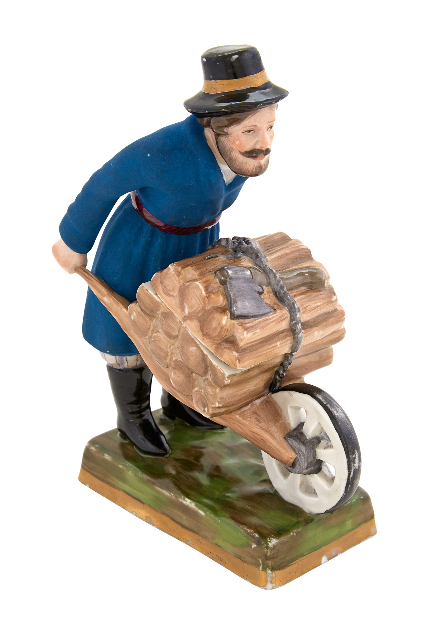 Lot image - Russian Porcelain Inkwell in the Form of a Peasant with a Wheel Barrow