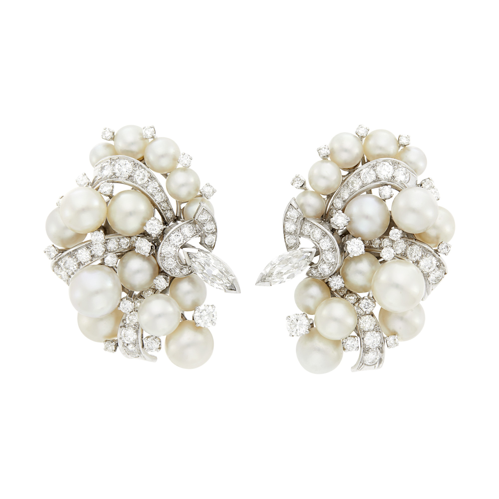 Lot image - David Webb Pair of Platinum, Cultured Pearl and Diamond Cluster Earclips