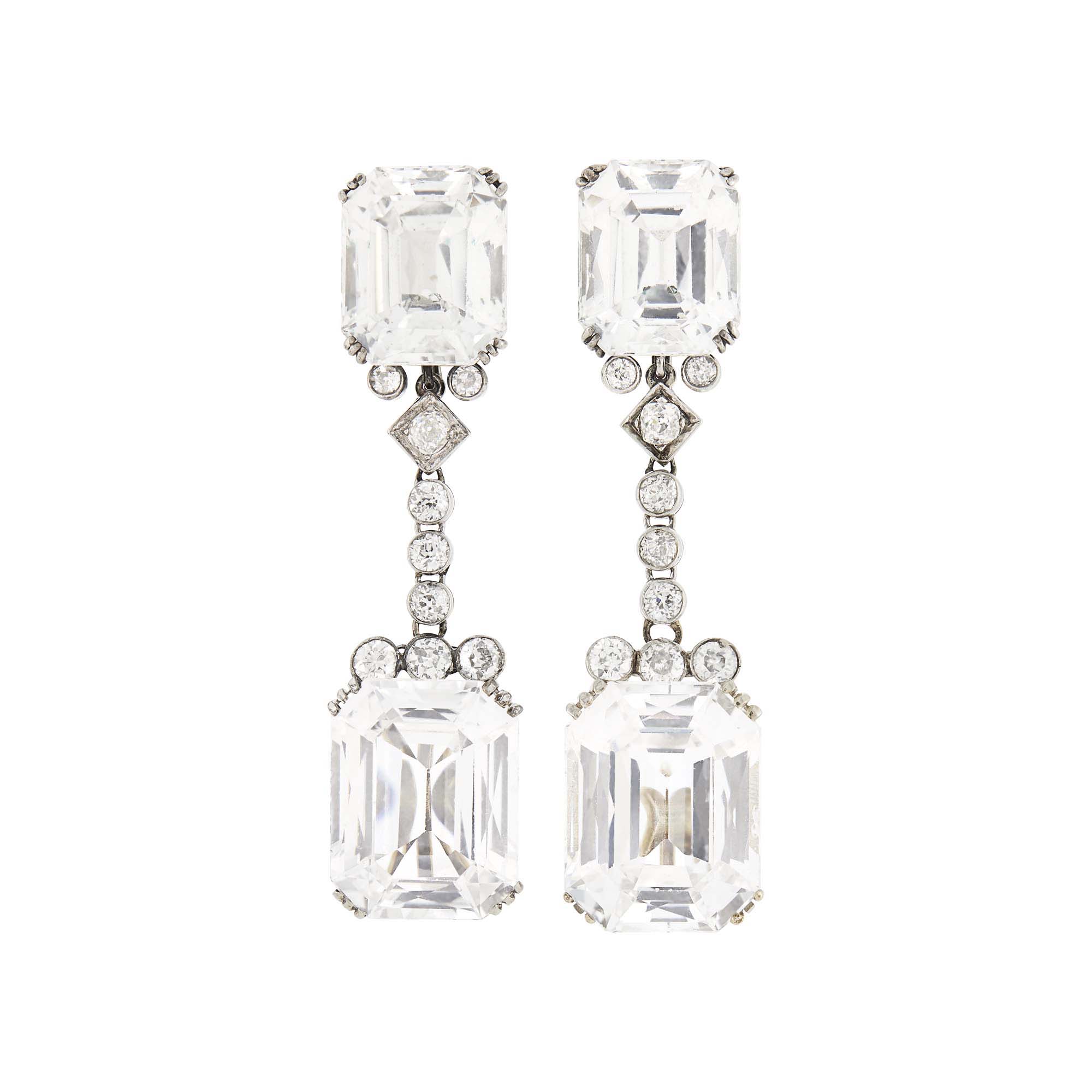 Lot image - Trabert & Hoeffer, Mauboussin Pair of White Sapphire and Diamond Pendant-Earclips