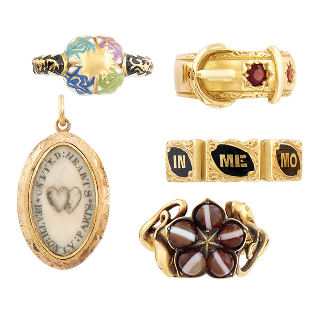 Lot image - Four Victorian Gold, Enamel, Garnet and Banded Agate Rings and Memorial Pendant