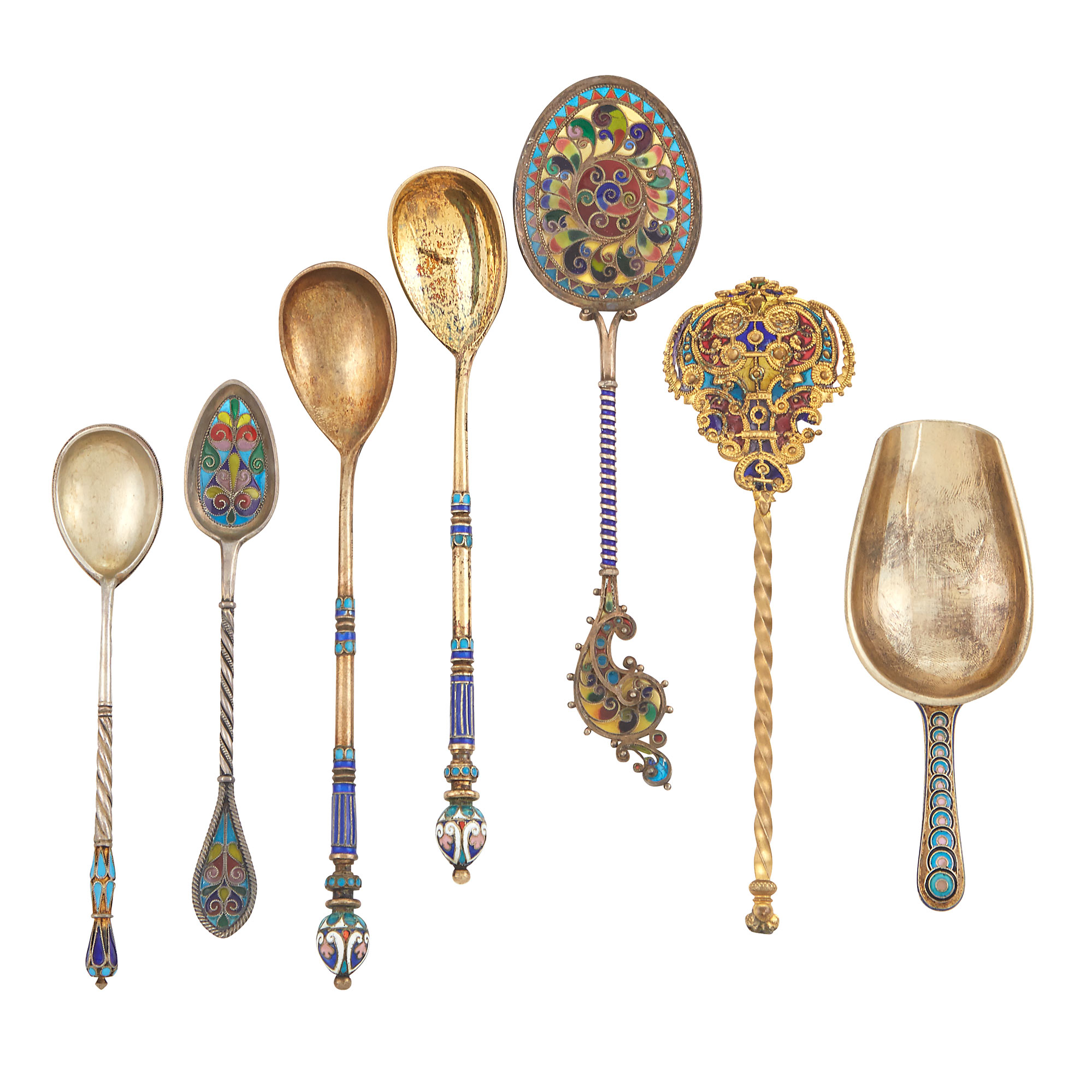 Lot image - Miscellaneous Group of Six Russian and Continental Silver and Enamel Spoons